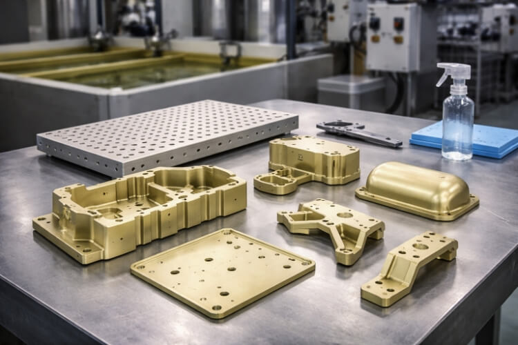 Piezas de aluminio acabadas listas para el montaje tras el recubrimiento de alodine