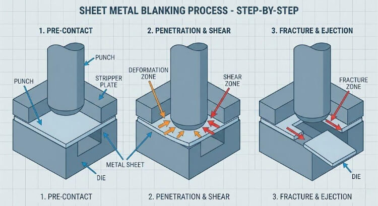 Schritt-für-Schritt-Diagramm des Blechstanzprozesses