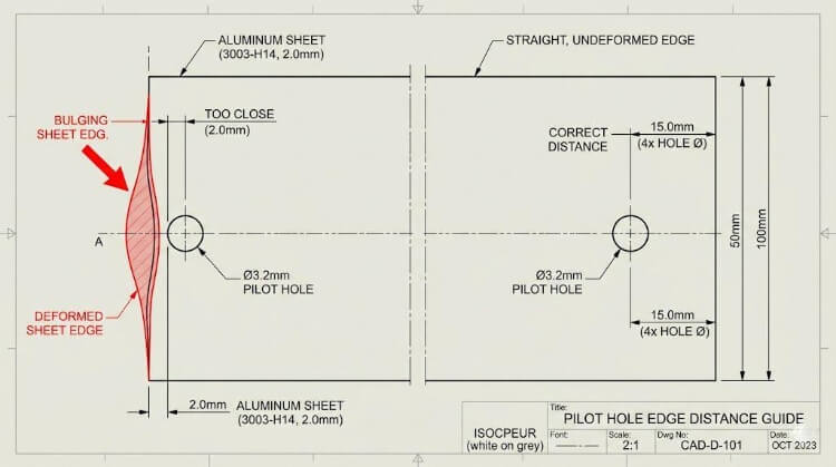 Edge distance failure (left) vs. correct spacing (right)