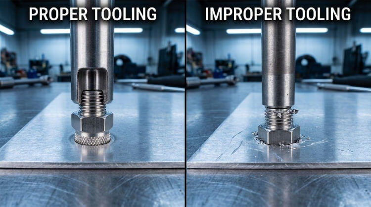 Matched tooling (left) vs. improper flat punch crushing threads (right)
