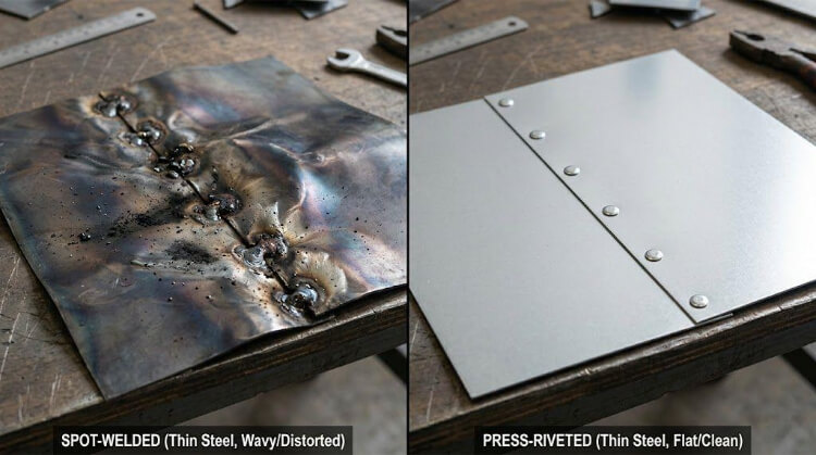 Spot welding heat distortion vs. clean press riveted joint