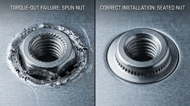 Torque out failure (left) vs. securely seated nut (right)