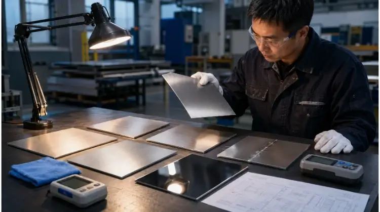Stainless Steel Finish Samples Under Workshop Light