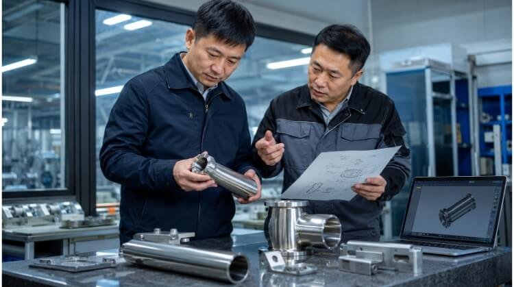 Two Engineers Comparing Surface Finishes at a Workbench
