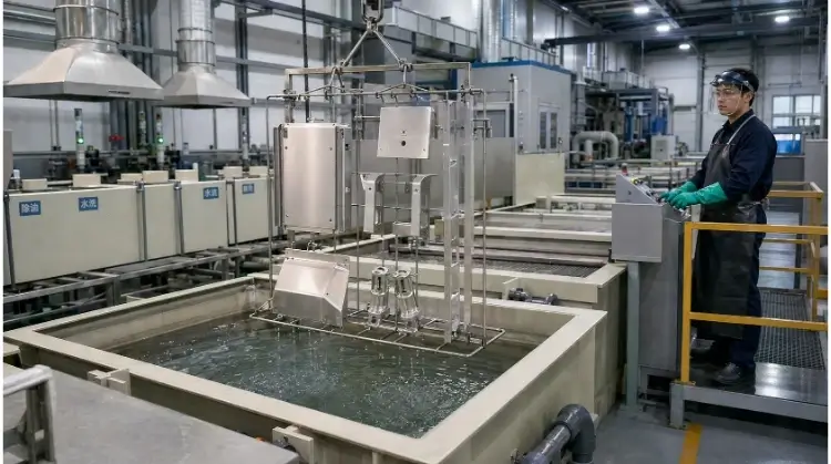 Freshly Treated Aluminum Parts Above the Rinse Tank