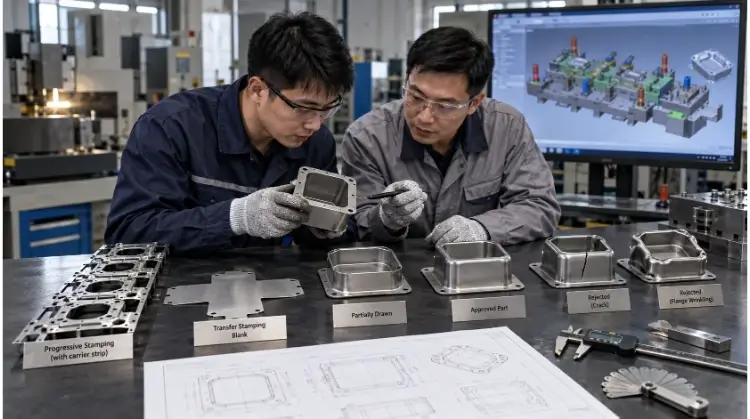 Ingenieros que revisan muestras de estampado por transferencia