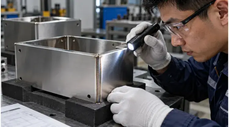 Inspecting the Corner Weld on a Stainless Steel Enclosure