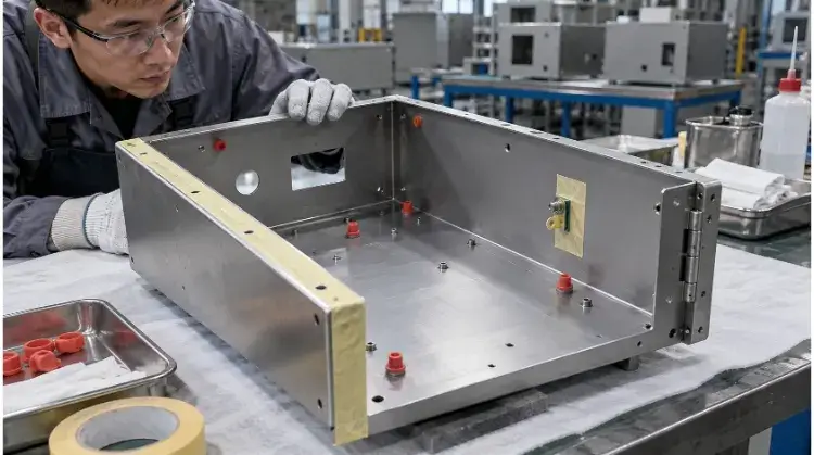 Masked Holes on a Metal Enclosure Before Spraying