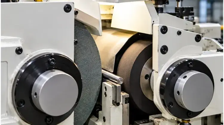 Steel Workpiece Between the Grinding and Regulating Wheels