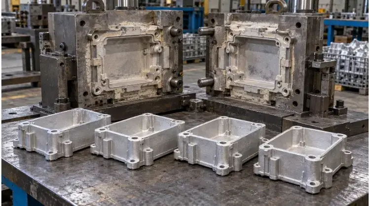 Aluminum Housings Beside Their Casting Mold