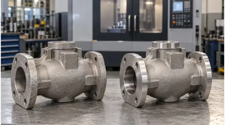 Corpi valvola in ghisa prima e dopo la lavorazione CNC