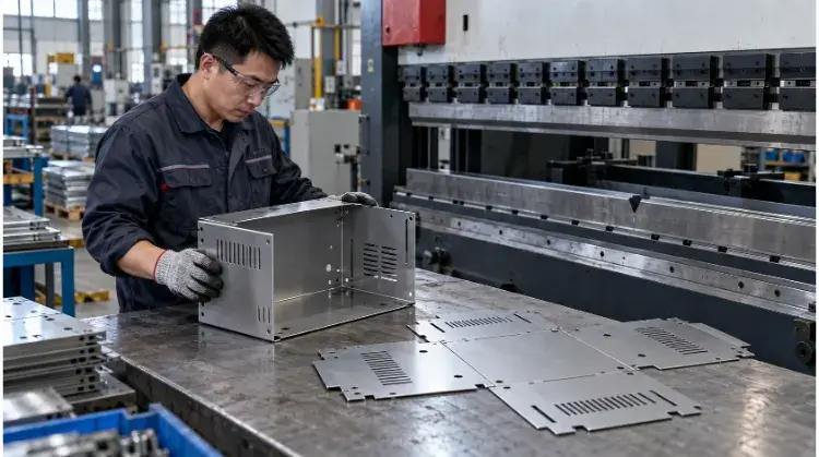 Folded Steel Enclosure Beside a CNC Press Brake