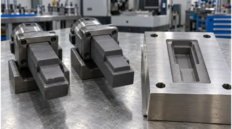 Électrodes en graphite à côté d'une cavité de moule usinée