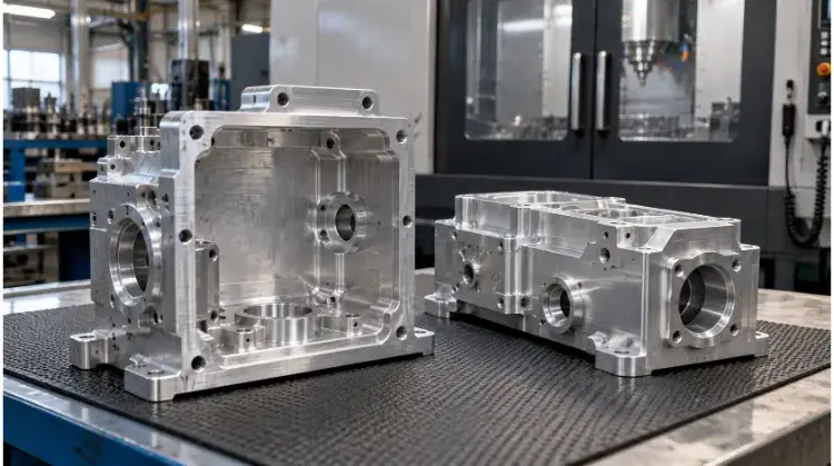 Machined Aluminum Housings Beside a CNC Mill