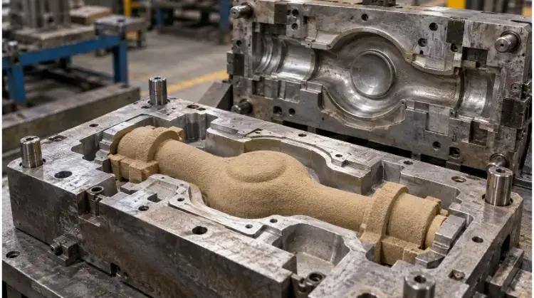 Sand Core Seated in a Metal Casting Mold