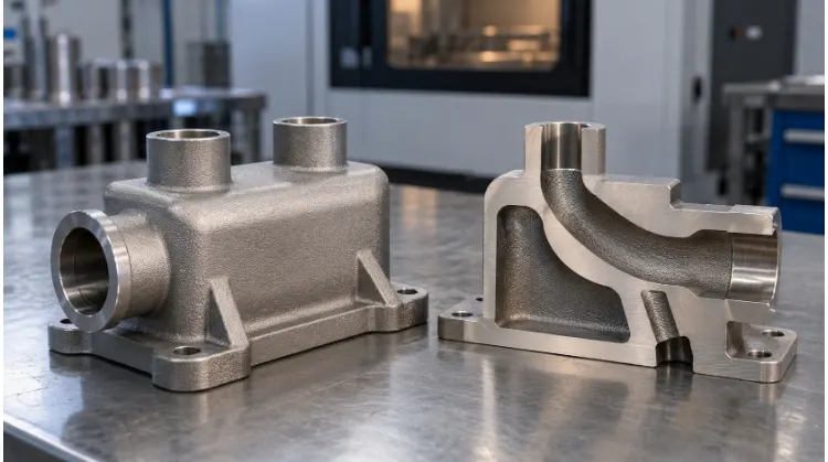 3D-gedruckter Edelstahl-Verteiler im Schnitt mit sichtbaren inneren Kanälen