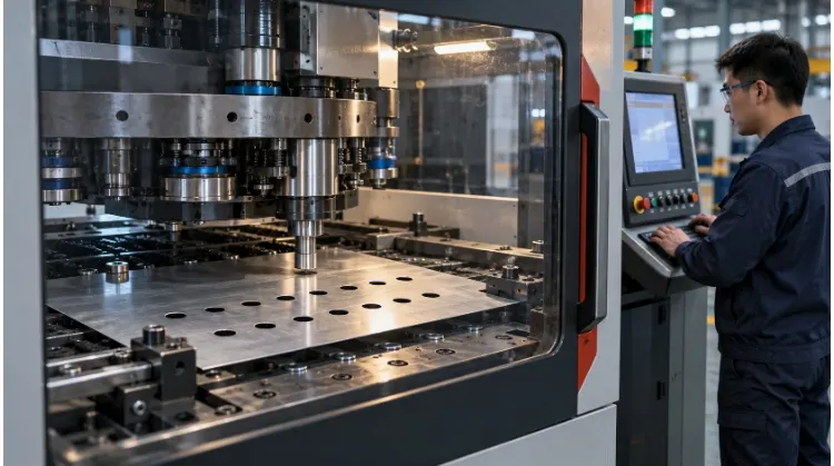 Steel Sheet Positioned Under a CNC Punching Tool