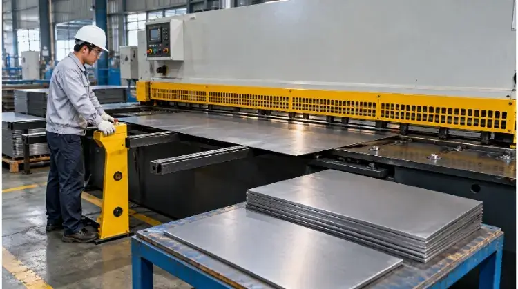 Steel Sheets and Cut Blanks Beside a Guillotine Shear